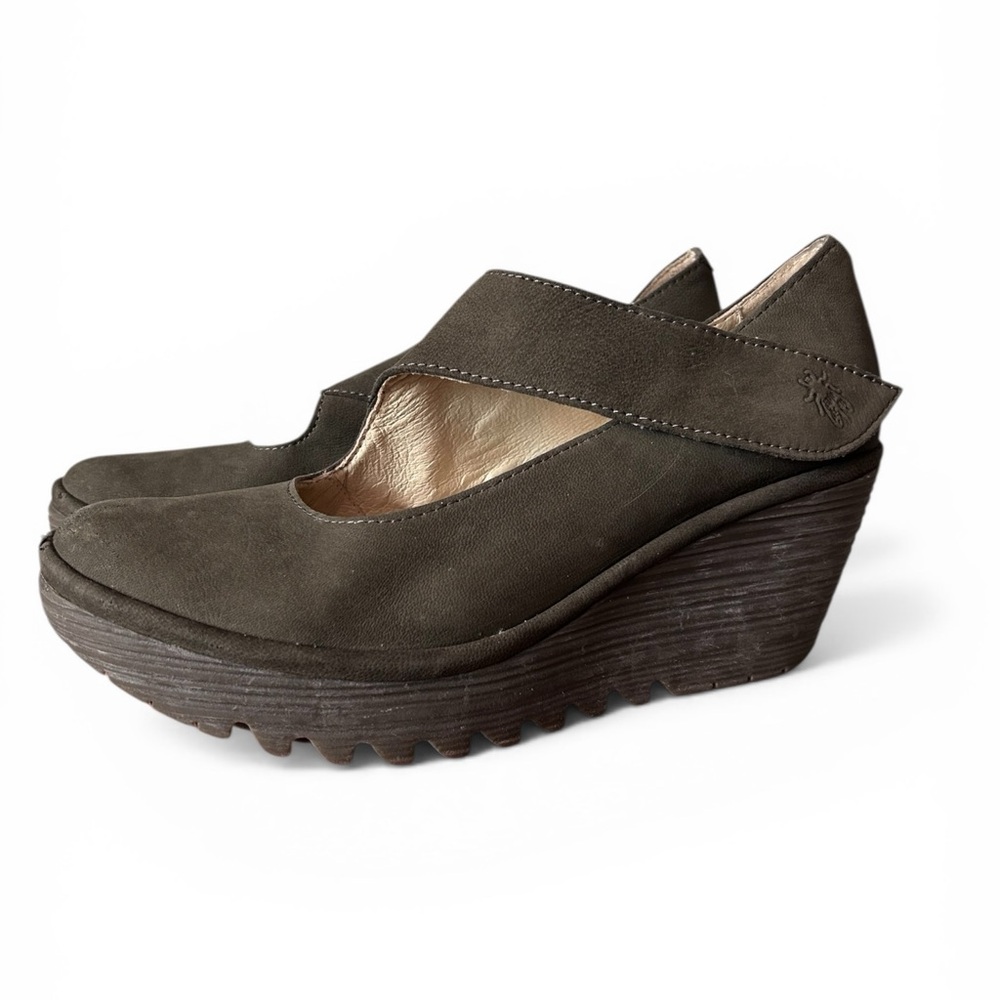 FLY London Olive Green Suede Mary Jane Wedge Shoes Size 40
